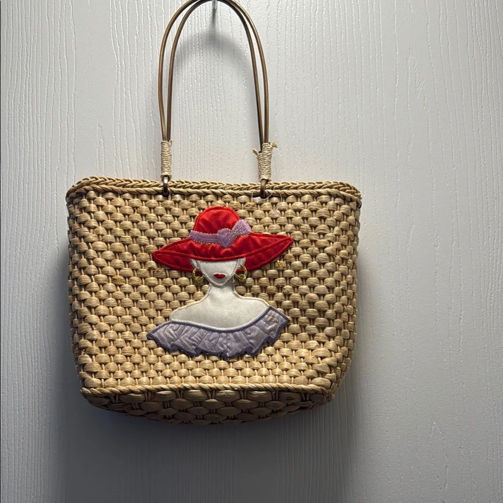 Stylish Tan Woven Tote with Red and Purple Accents - Picture 1 of 3